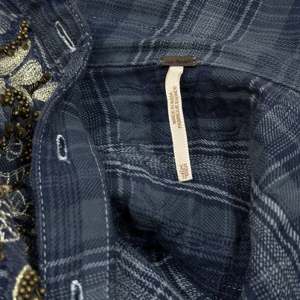 Free People Sz XS Stevie's Embellished Plaid Button-Down Shirt‎ Top Blue